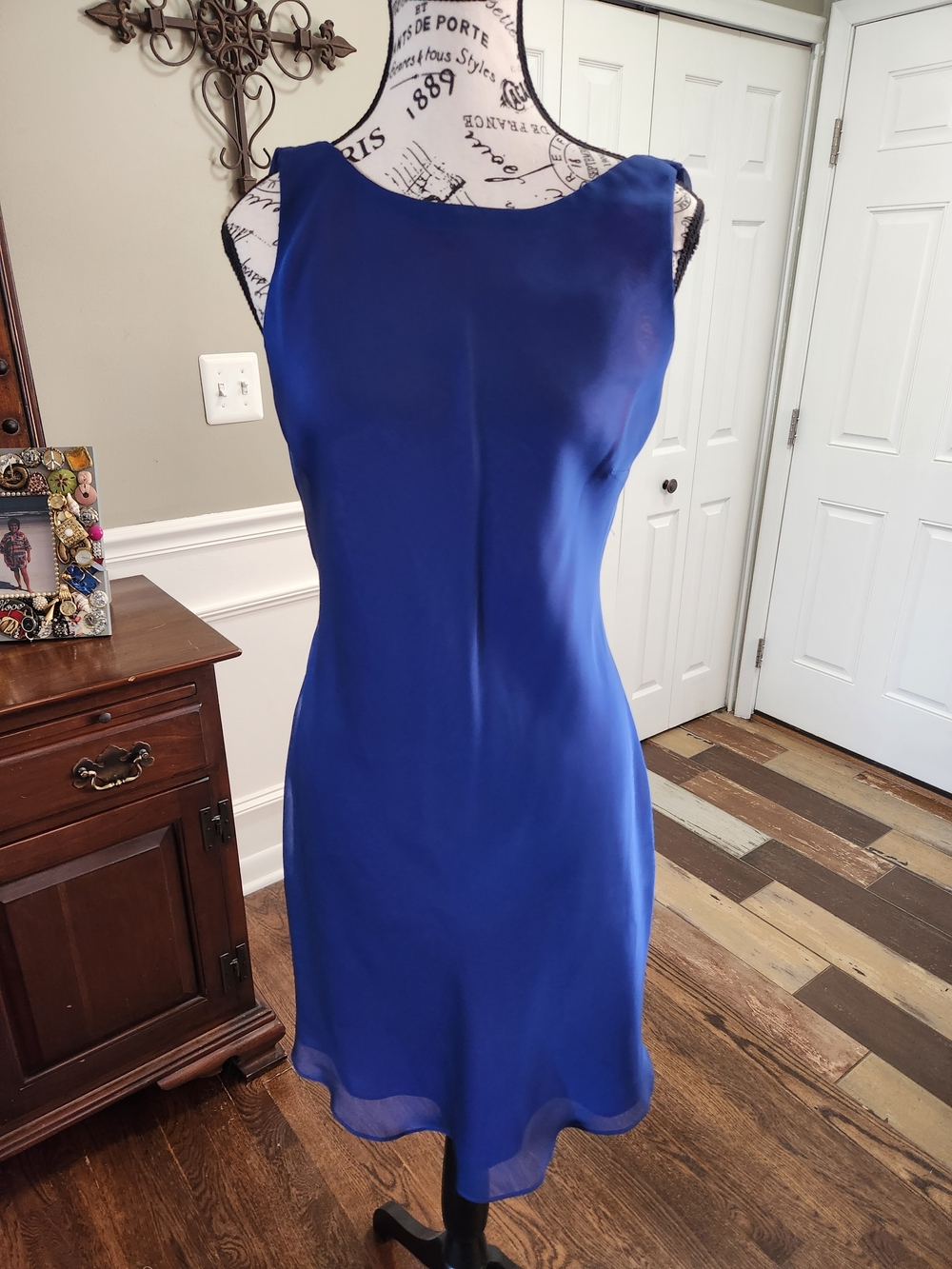 Royal Blue Chiffon Dress With Purple Lining Sleeveless Sheath Dress - Picture 7 of 7